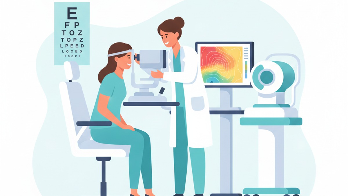 Patient reviewing corneal topography during a LASIK candidacy evaluation with an ophthalmologist