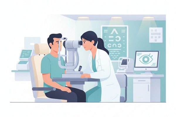 LASIK surgeon performing eye examination consultation with patient in modern Atlanta clinic